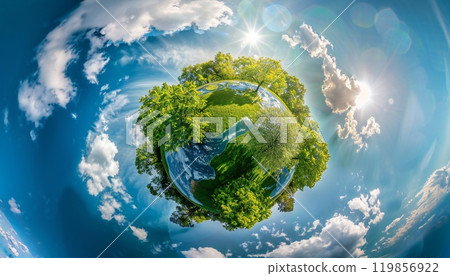 A panoramic view of a tiny, verdant planet featuring fluffy clouds and a serene blue sky 119856922