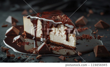 A sweet dessert in the form of a cheesecake with chopped chocolate 119856945