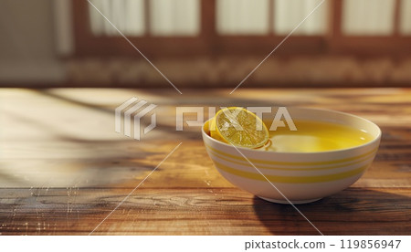 Image of lemon juice in a plate with lemon on a wooden table with copy space 119856947