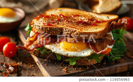High quality image of an appetizing bacon and egg sandwich 119856965