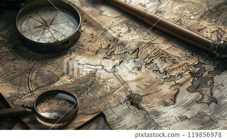 A quill-toting explorer charting uncharted realms within ink-stained parchment 119856978