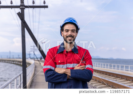 Electrical engineer man checking Power at Contruction Site. electrical engineer inspect the electrical systems at the equipment site 119857171