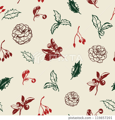 Vector Christmas seamless pattern of berries, pine cones and holly. Hand-drawn vintage composition isolated on beige background. Illustration for design, print, fabric or background. 119857201