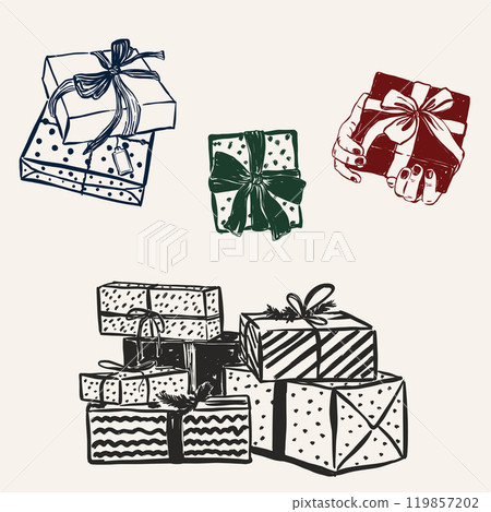 Vector Christmas set of gift-boxes. Hand-drawn vintage compositions isolated on beige background. Illustration for design, print, fabric or background. 119857202