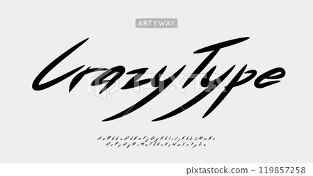 Youthful and wild handdrawn brush script, freestyle script letters, funky brush font for bold expressive logo, creative headline style, edgy streetwear design, youth typography. Vector typeset. 119857258