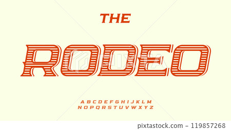 Vintage western alphabet, bold striped letters, rugged antique font for rodeo logos, classic wild west headline, Americana country style typography, rustic cowboy typographic design. Vector typeset. 119857268