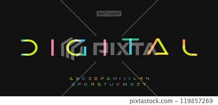 Youthful futuristic alphabet, wide geometric letters, vibrant colorful font for tech logos, playful headline, colorful typography, artistic design. Vector typeset. 119857269