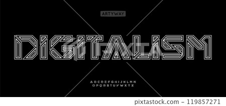 Futuristic runic alphabet, outlined geometric letters, intricate wireframe font for tech branding, abstract headline, digital typography, Viking-inspired design. Vector typeset. 119857271