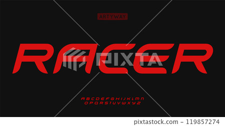 Fast racing alphabet, modern italic letters, turbocharged font for action logo, dynamic headline, competitive typography, motorsport and automotive typographic design. Vector typeset. 119857274