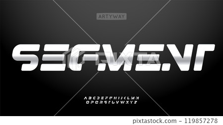 Segmented chrome font, sleek rounded cutouts letters, glossy futuristic alphabet for tech, cyber branding, and digital apps. Bold cyber typography. Vector typeset. 119857278