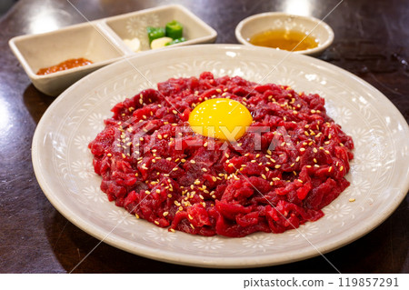 Yukhoe at Yukhoe Street in Gwangjang Market, Korea Yukhoe at Yukhoe Street in Gwangjang Market, Korea 119857291