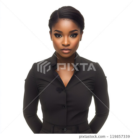 Serious businesswoman looking at camera in studio portrait Serious businesswoman looking at camera in studio portrait 119857339