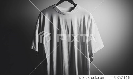 Plain white t-shirt hanging on black hanger on gradient background 119857346
