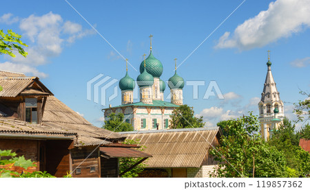 The Resurrection Cathedral in the city of Tutaev rises above the roofs of houses The Resurrection Cathedral in the city of Tutaev rises above the roofs of houses 119857362