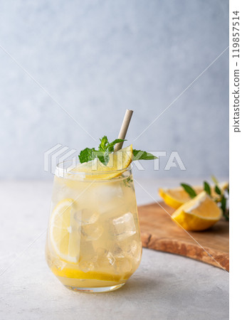 Mojito cocktail with fresh lemon, mint and ice. Refreshing citrus lemonade drink  119857514