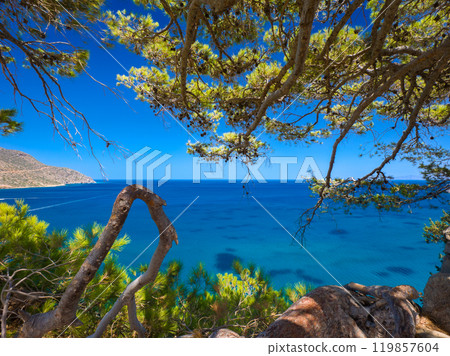 A hilltop view of the clear blue sea of Greece (taken from Spinalonga island, Crete) A hilltop view of the clear blue sea of Greece (taken from Spinalonga island, Crete) 119857604