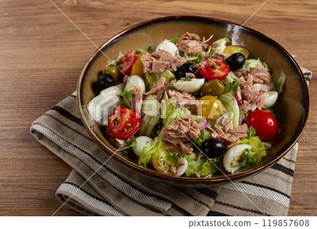 salad with canned tuna, vegetable salad with quail eggs, lettuce, red onion , cherry tomatoes , olives, keto food, healthy food, homemade, no people 119857608