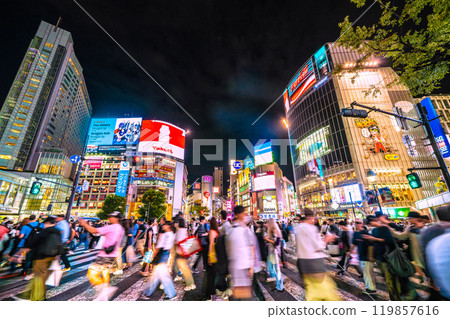 日本東京城市景觀擁擠的澀谷十字路口…即使在冠狀病毒大流行期間，人們也從未消失的澀谷 119857616