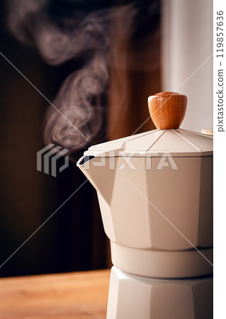 geyser coffee maker, beige, close-up, boiling, steam from the spout, morning, breakfast, no people, 119857636