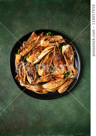 baked, oven-baked fennel, with spices, in olive oil, homemade, no people, 119857658