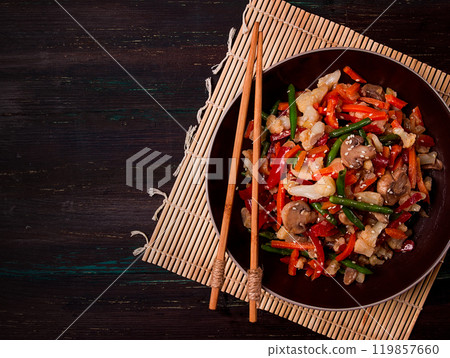 Wok, Asian-style vegetables, street food, mixed vegetables, no people, top view, Wok, Asian-style vegetables, street food, mixed vegetables, no people, top view, 119857660