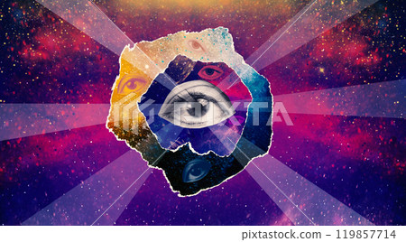 Woman in science. Female astrophysicist, fusion explore space, astronomical objects. Concept of travel - art collage or design about space, research and aliens 119857714