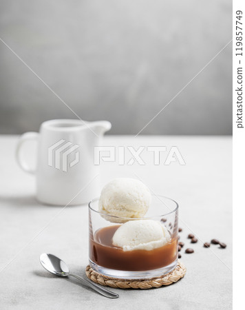 Affogato coffee with vanilla ice cream scoops and  espresso in a glass on a light  background  119857749