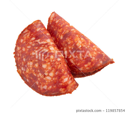 slices of salami with paprika isolated 119857854