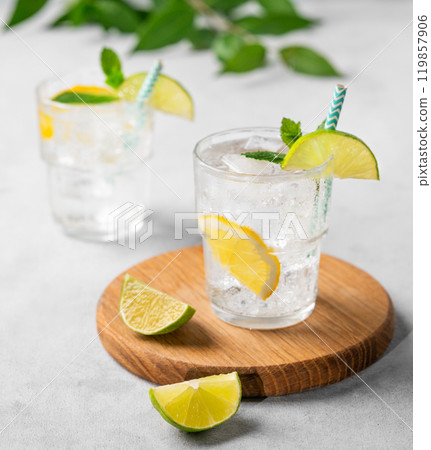 Two glasses of mojito cocktail or tonic with lemon, lime, mint and ice on a wooden board. Two glasses of mojito cocktail or tonic with lemon, lime, mint and ice on a wooden board. 119857906