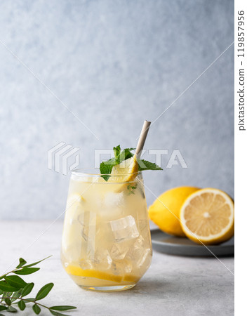 Mojito cocktail with fresh lemon, mint and ice. Refreshing citrus lemonade drink Mojito cocktail with fresh lemon, mint and ice. Refreshing citrus lemonade drink 119857956