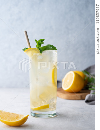 Freshness mojito drink with lemon, mint and ice. Citrus lemonade on a light background  119857957