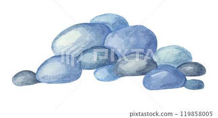 A pile of smooth watercolor stones in shades of blue and gray. This clipart is ideal for aquatic or zen garden-themed designs, childrens educational materials, or peaceful undersea scenes 119858005