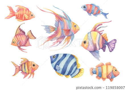 A playful school of tropical fish in vibrant hues of blue, purple, and orange. This watercolor clipart is perfect for childrens apparel, aquatic-themed stationery, or products with underwater theme A playful school of tropical fish in vibrant hues of blue, purple, and orange. This watercolor clipart is perfect for childrens apparel, aquatic-themed stationery, or products with underwater theme 119858007