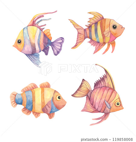 A set of watercolor fish in shades of purple, orange, and blue. This clipart is ideal for use in childrens book illustrations, aquatic-themed designs, or underwater decorative elements on products A set of watercolor fish in shades of purple, orange, and blue. This clipart is ideal for use in childrens book illustrations, aquatic-themed designs, or underwater decorative elements on products 119858008