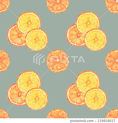 Orange slices with vibrant shades of orange and yellow in a seamless watercolor pattern. Citrus clipart for refreshing textile designs, gift wrap, and seasonal merchandise for kitchen or food 119858017