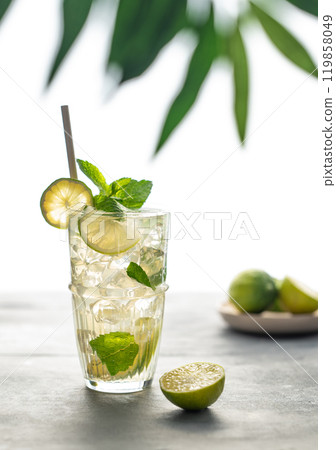 Mojito cocktail in a tall glass with lime, mint and ice on a table with morning light Mojito cocktail in a tall glass with lime, mint and ice on a table with morning light 119858049