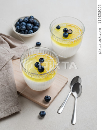 Creamy lemon panna cotta with blueberries in two glasses with fresh berries on a light background. Creamy lemon panna cotta with blueberries in two glasses with fresh berries on a light background. 119858093