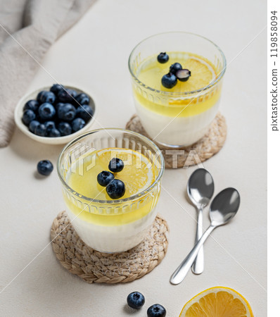 Creamy lemon panna cotta with blueberries in two glasses with fresh berries on a light background. Creamy lemon panna cotta with blueberries in two glasses with fresh berries on a light background. 119858094