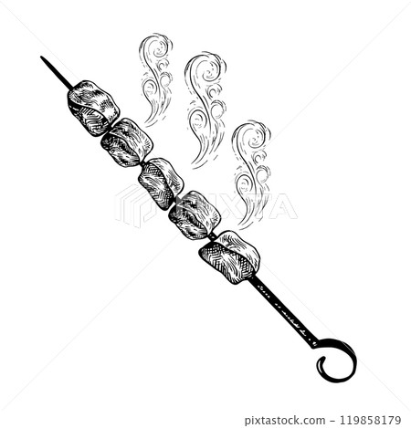 Meat for barbecue on a skewer. Vector graphics with the image of pieces of meat. A black and white hand-drawn illustration of food. On a white background. For menus or labels. For cooking recipes. Meat for barbecue on a skewer. Vector graphics with the image of pieces of meat. A black and white hand-drawn illustration of food. On a white background. For menus or labels. For cooking recipes. 119858179