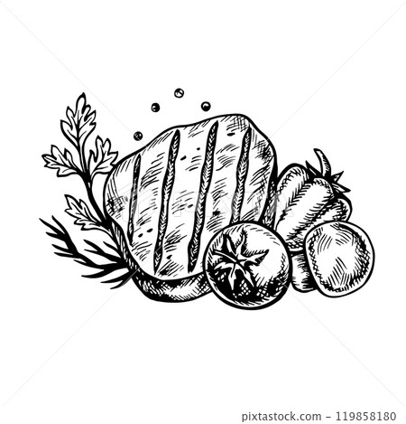 Fried meat with vegetables. Vector graphics with barbecue image. A black and white hand-drawn illustration. On a white background. For a menu, poster, or label. For cooking recipes, invitations. 119858180