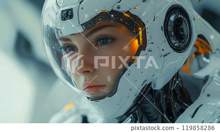 Close-up of a person in a white high-tech helmet with an illuminated visor reflecting intricate orange lights 119858286