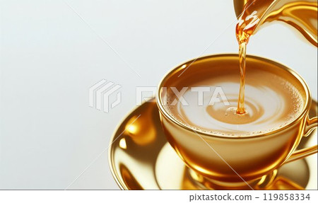 Coffee is pouring into golden coffee cup, coffee package design element, white background with copy space for your ad text 119858334