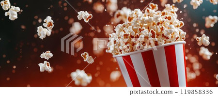 Popcorn falling into classic red and white striped container, black background with copy space, hight detailed upscaled image 119858336