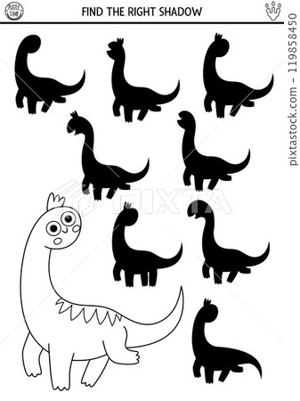 Dinosaur black and white shadow matching activity with ancient animal. Prehistoric puzzle with brachiosaur. Find correct silhouette printable worksheet, game, coloring page with diplodocus Dinosaur black and white shadow matching activity with ancient animal. Prehistoric puzzle with brachiosaur. Find correct silhouette printable worksheet, game, coloring page with diplodocus 119858450