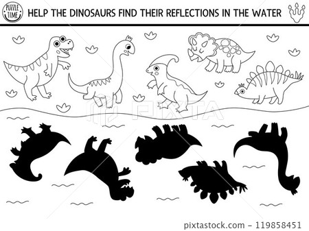 Dinosaur black and white shadow matching activity with animals and reflections in water. Prehistoric line puzzle with stegosaur, triceratops, T-rex. Find correct silhouette printable worksheet, game Dinosaur black and white shadow matching activity with animals and reflections in water. Prehistoric line puzzle with stegosaur, triceratops, T-rex. Find correct silhouette printable worksheet, game 119858451