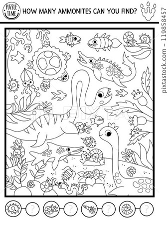 Vector black and white dinosaur searching and counting game with prehistoric underwater landscape. Spot hidden ammonites in picture. Ancient world line seek and find educational activity 119858457