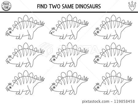 Find two same dinosaurs. Prehistoric black and white matching activity. Dino educational line quiz, worksheet for kids with ancient animals. Printable game, coloring page with stegosaur Find two same dinosaurs. Prehistoric black and white matching activity. Dino educational line quiz, worksheet for kids with ancient animals. Printable game, coloring page with stegosaur 119858458