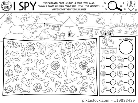 Dinosaur black and white I spy game. Searching and counting line activity with paleontologists, bones, fossils. Prehistoric printable worksheet, coloring page. Spotting puzzle with dig camp landscape 119858459