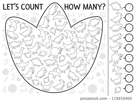Dinosaur black and white I spy game for kids in footprint shape. Searching and counting line activity with T-rex, stegosaur, triceratops. Prehistoric printable worksheet, coloring page for preschool Dinosaur black and white I spy game for kids in footprint shape. Searching and counting line activity with T-rex, stegosaur, triceratops. Prehistoric printable worksheet, coloring page for preschool 119858460