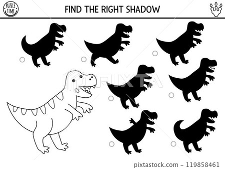 Dinosaur black and white shadow matching activity with ancient animal. Prehistoric line puzzle with tyrannosaur. Find correct silhouette printable worksheet, game, coloring page for kids with T-rex Dinosaur black and white shadow matching activity with ancient animal. Prehistoric line puzzle with tyrannosaur. Find correct silhouette printable worksheet, game, coloring page for kids with T-rex 119858461
